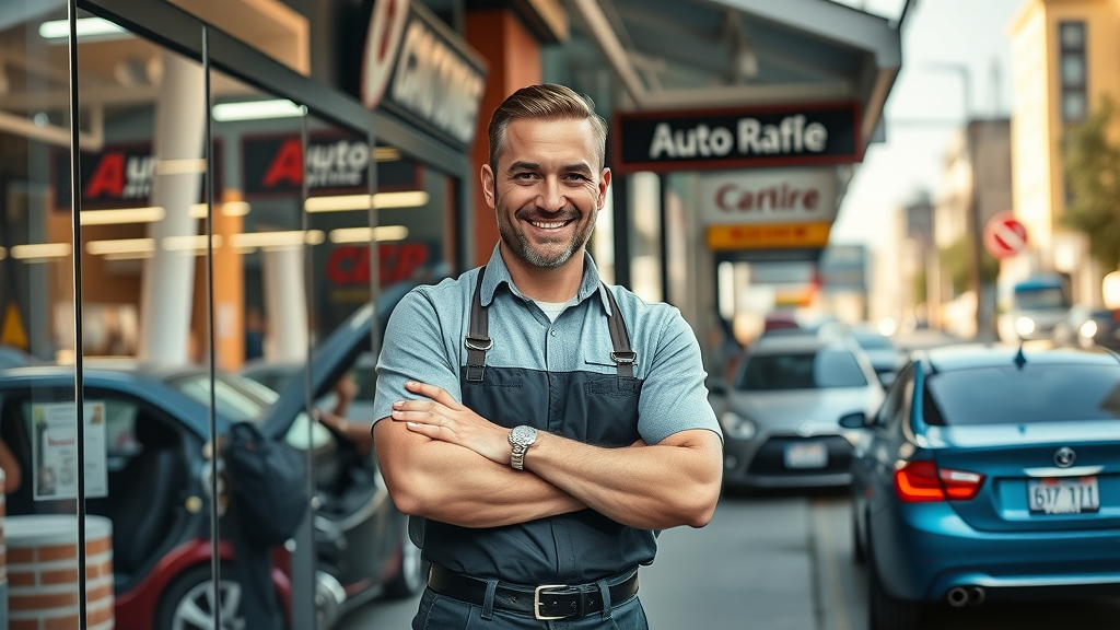 modern auto repair shop exterior, confident business owner, standing proudly, bustling urban street, highly detailed, cars entering and leaving, natural daylight, ai seo for auto shops