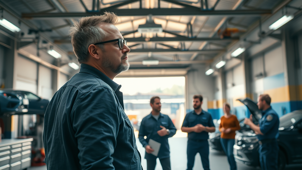 auto shop owner, visionary stance, overlooking team collaborating with digital screens, digital overlays, ai seo for auto shops