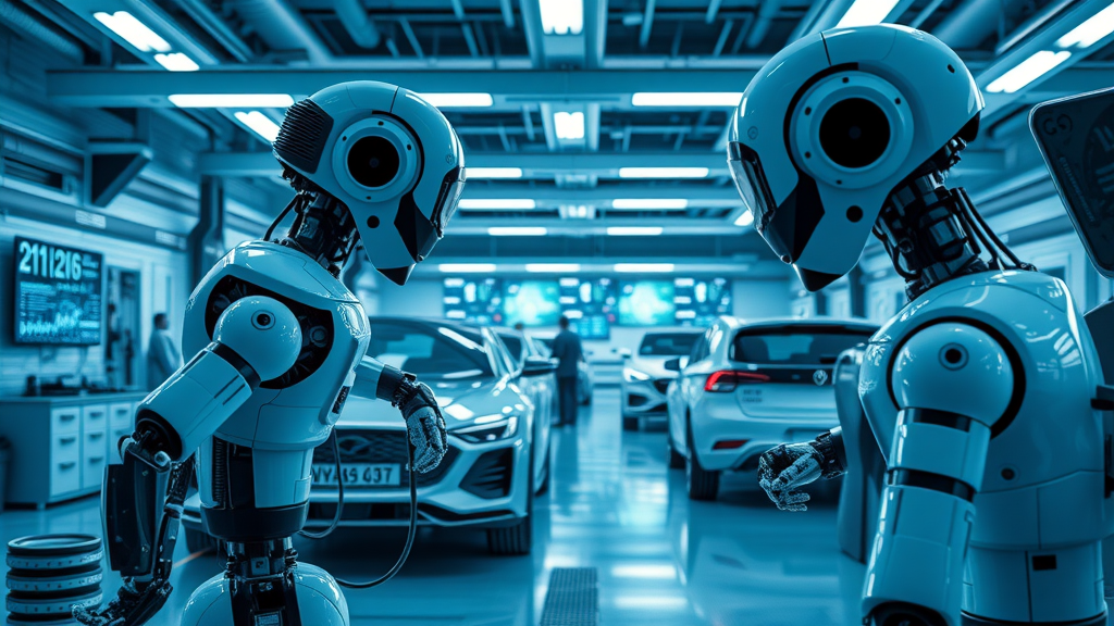 Futuristic auto repair shop with AI robots for ai mode in google search for repair shops
