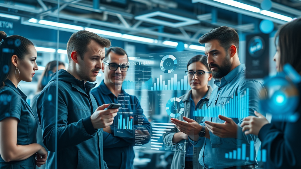 innovative digital interface, diverse auto repair team, examining SEO analytical graphs, futuristic high-tech office, ai seo for auto shops