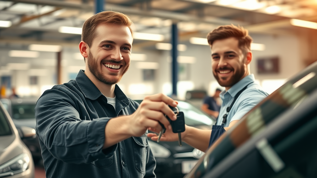 Happy customer receives car keys from mechanic at auto shop using ai mode in google search for repair shops