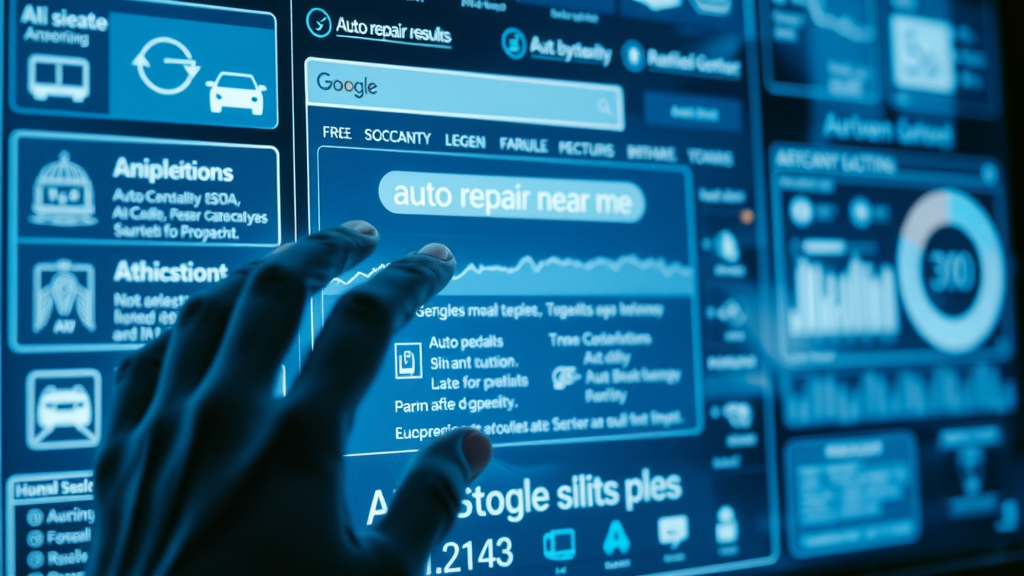 Google AI interface conceptual illustration for ai mode in google search for repair shops
