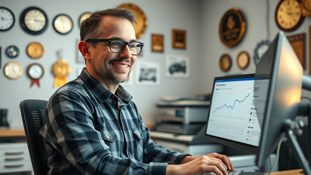 Auto repair shop owner reviewing Google Analytics and business profile, benefiting from ai mode in google search for repair shops