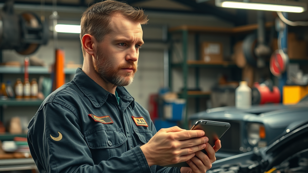 busy mechanic using tablet, auto repair shop, surrounded by car parts and diagnostic tools, ai seo for auto shops