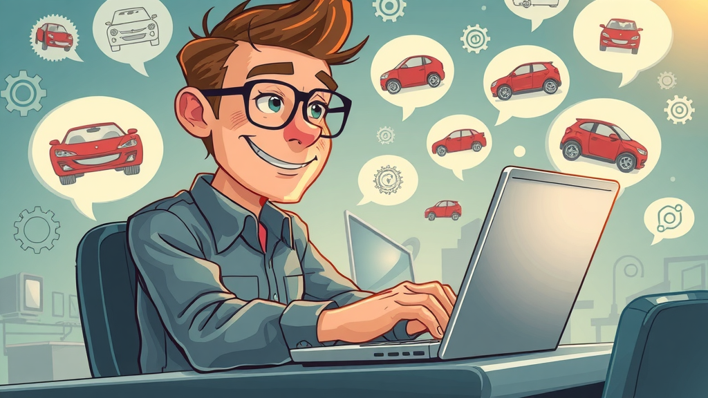 creative writer typing on laptop, surrounded by automotive icons and bubbles, ai-driven content creation for auto shops