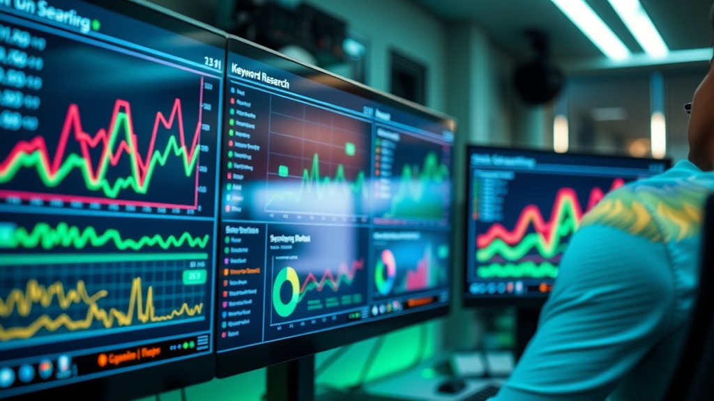 computer screen displaying keyword research dashboard, ai seo tools for auto repair shops