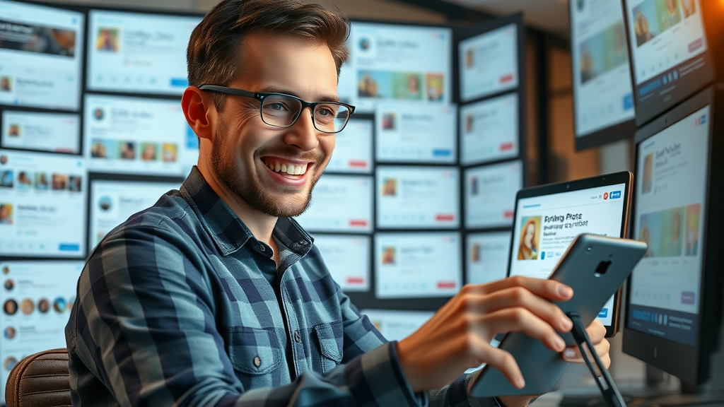 auto shop marketer scheduling social media posts with AI, multiple device screens, digital marketing for repair shops