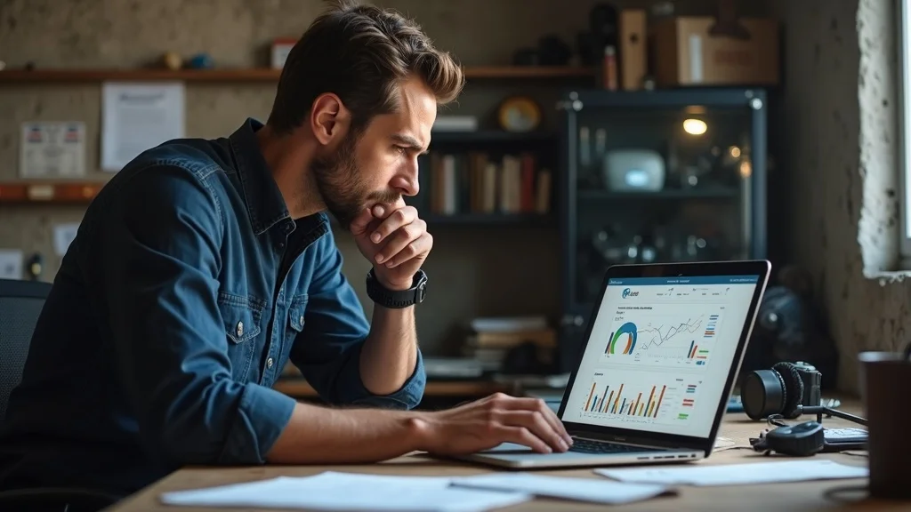 Motorcycle repair shop owner analyzing AI analytics dashboard, considering data privacy and cost.