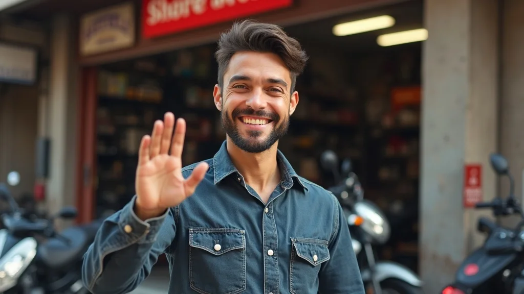 Energetic motorcycle repair shop owner recording a video to highlight repair shop services and AI-powered content creation.