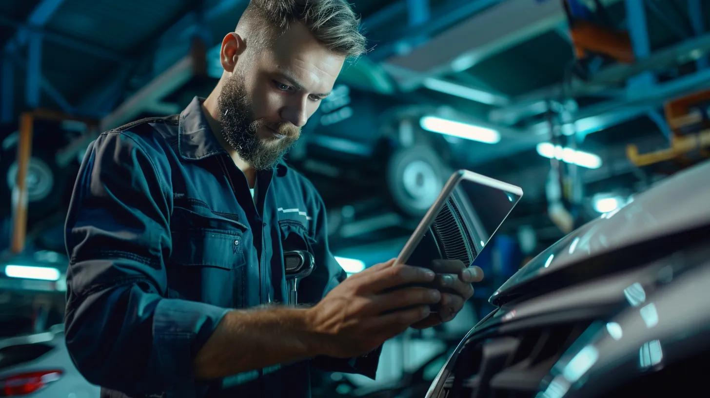auto repair shop mechanic using AI system on a tablet