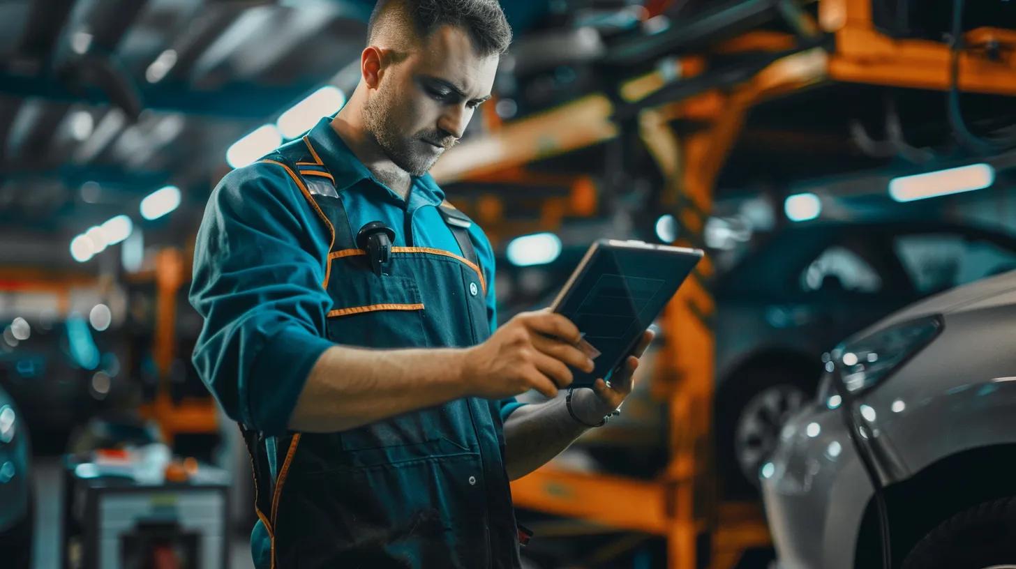 auto repair shop mechanic using AI system on a tablet