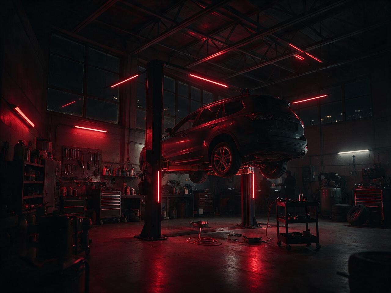 Service Bay Lit with Red Accent Lighting