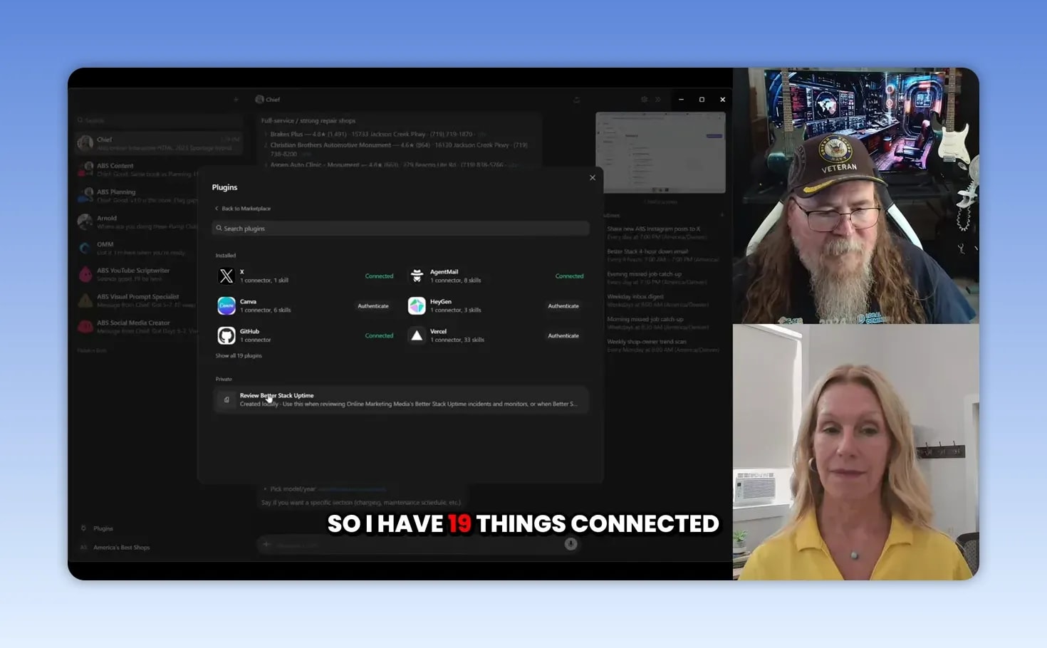 Grok Bot integrations window showing connected apps and services