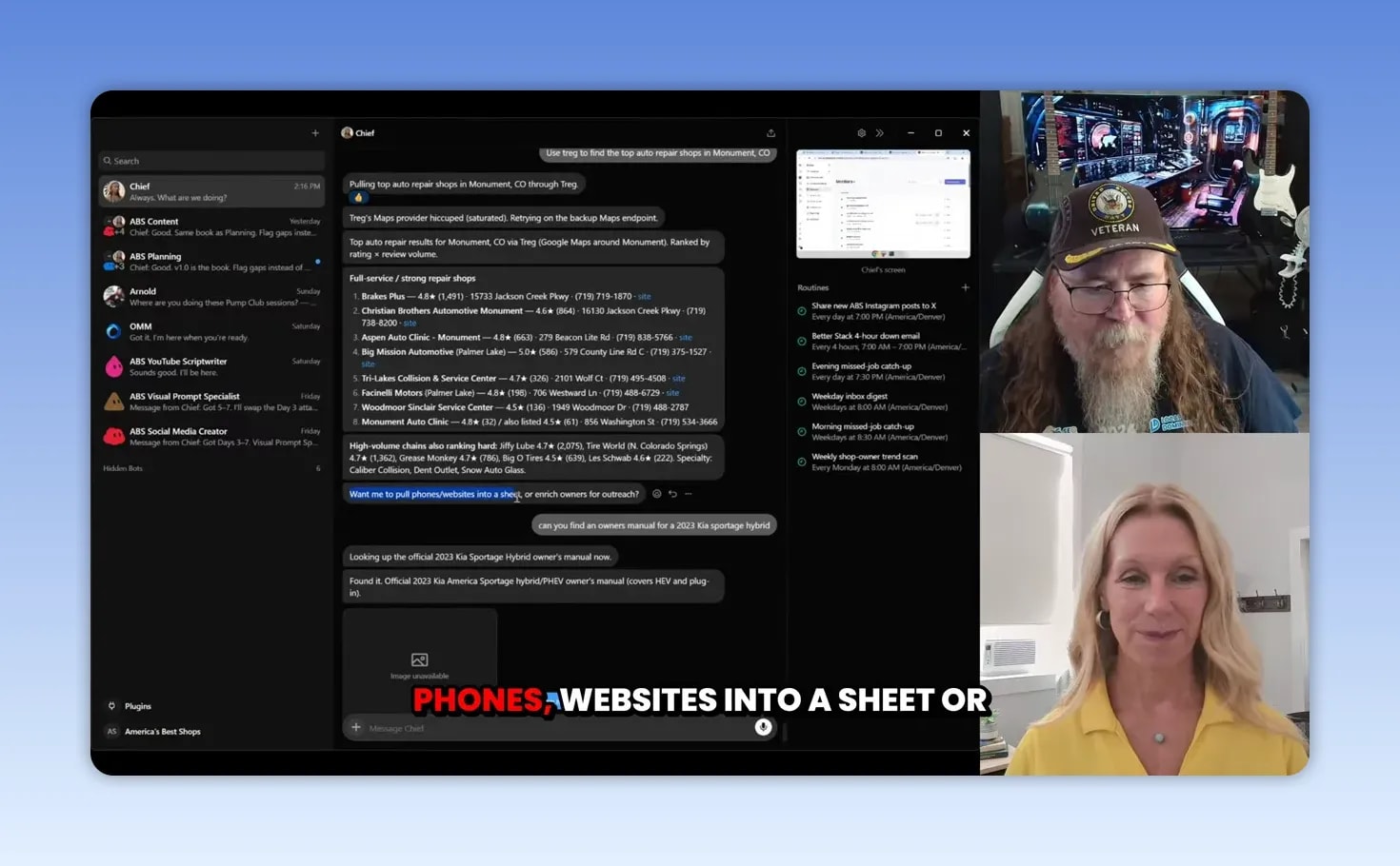 Grok Bot research results with highlighted options to pull phone numbers and websites into a sheet
