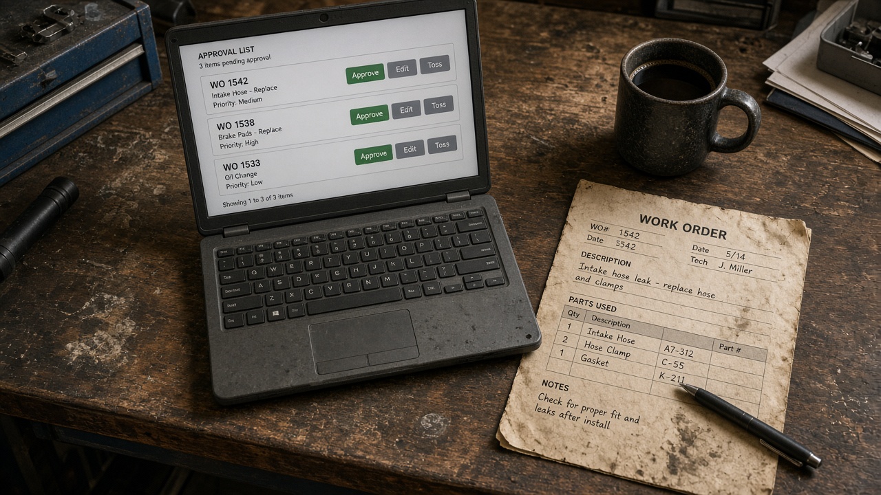 AI agent for repair shops: approval list on a shop desk
