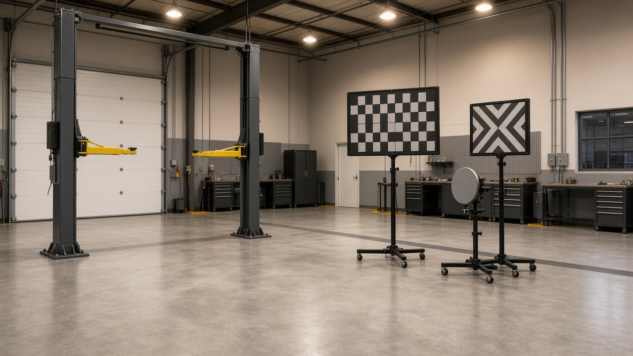 Cost of running a repair shop: empty service bay with ADAS calibration targets