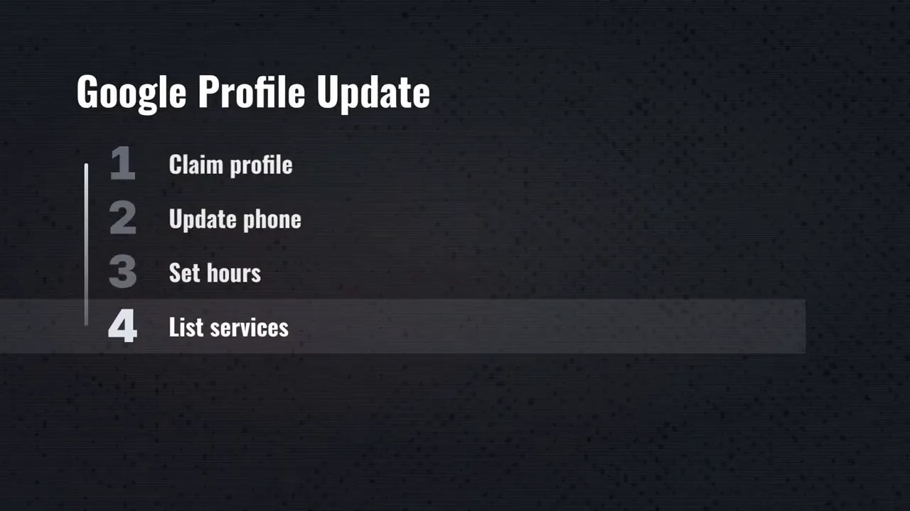 Google Profile Update slide listing claim profile, update phone, set hours, and list services
