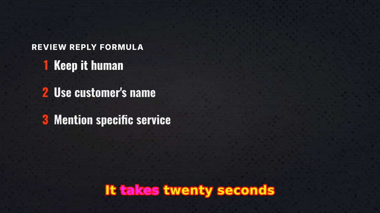 Review Reply Formula slide listing keep it human, use customer's name, and mention specific service