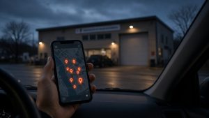 Driver searching a map for a repair shop at dusk