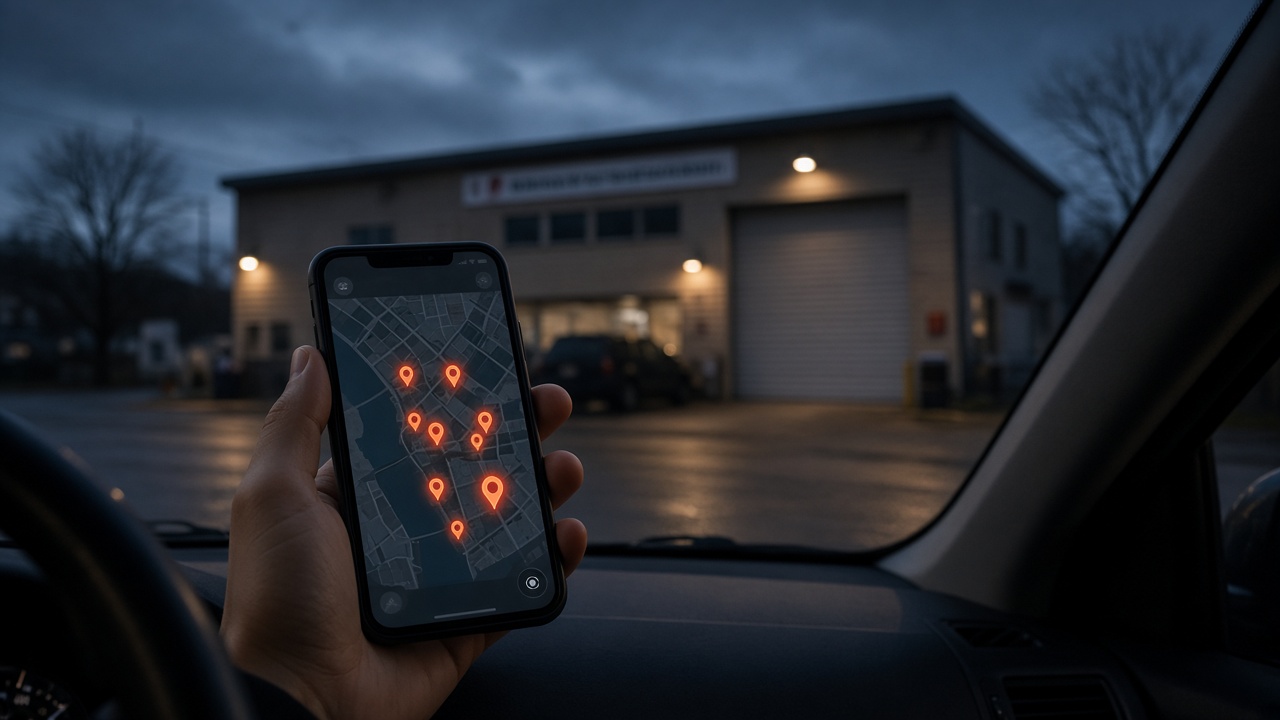 Driver searching a map for a repair shop at dusk